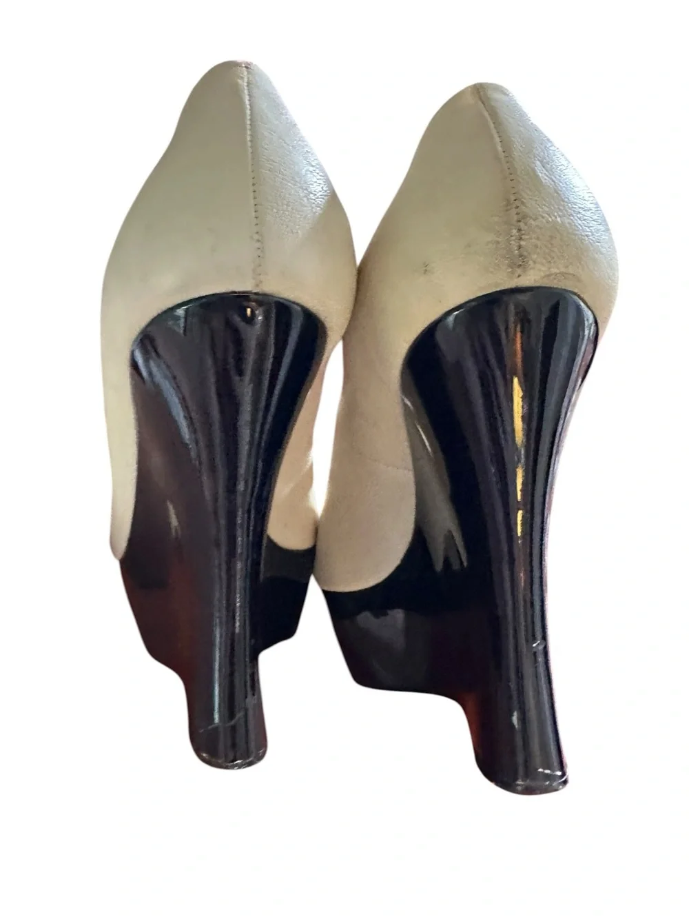Vintage Lanvin Cream Leather Peep-Toe Wedge with lacquered Black Platform sz 37